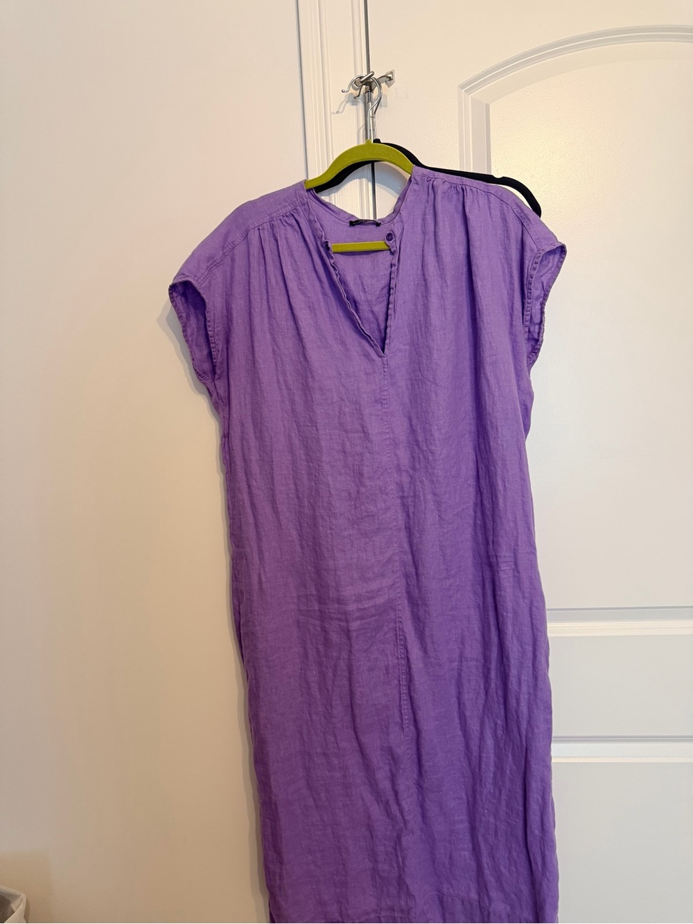 Purple Cap-Sleeve V-Neck Linen Dress